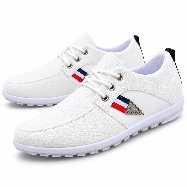 White lace-up shoe with small tricolor side detail and white outsole