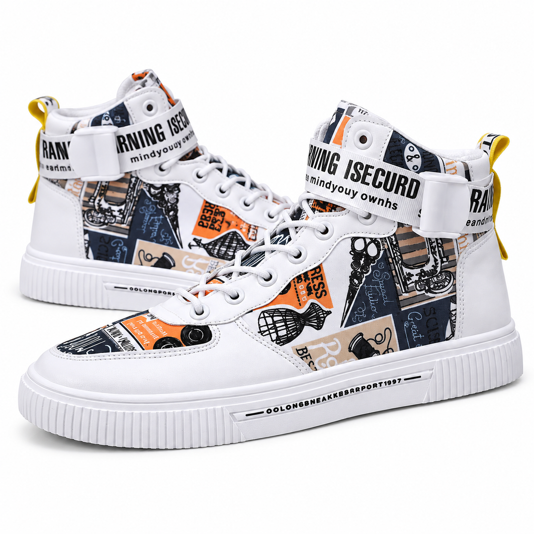White Yellow high top sneakers with graphic panels and lace-up front