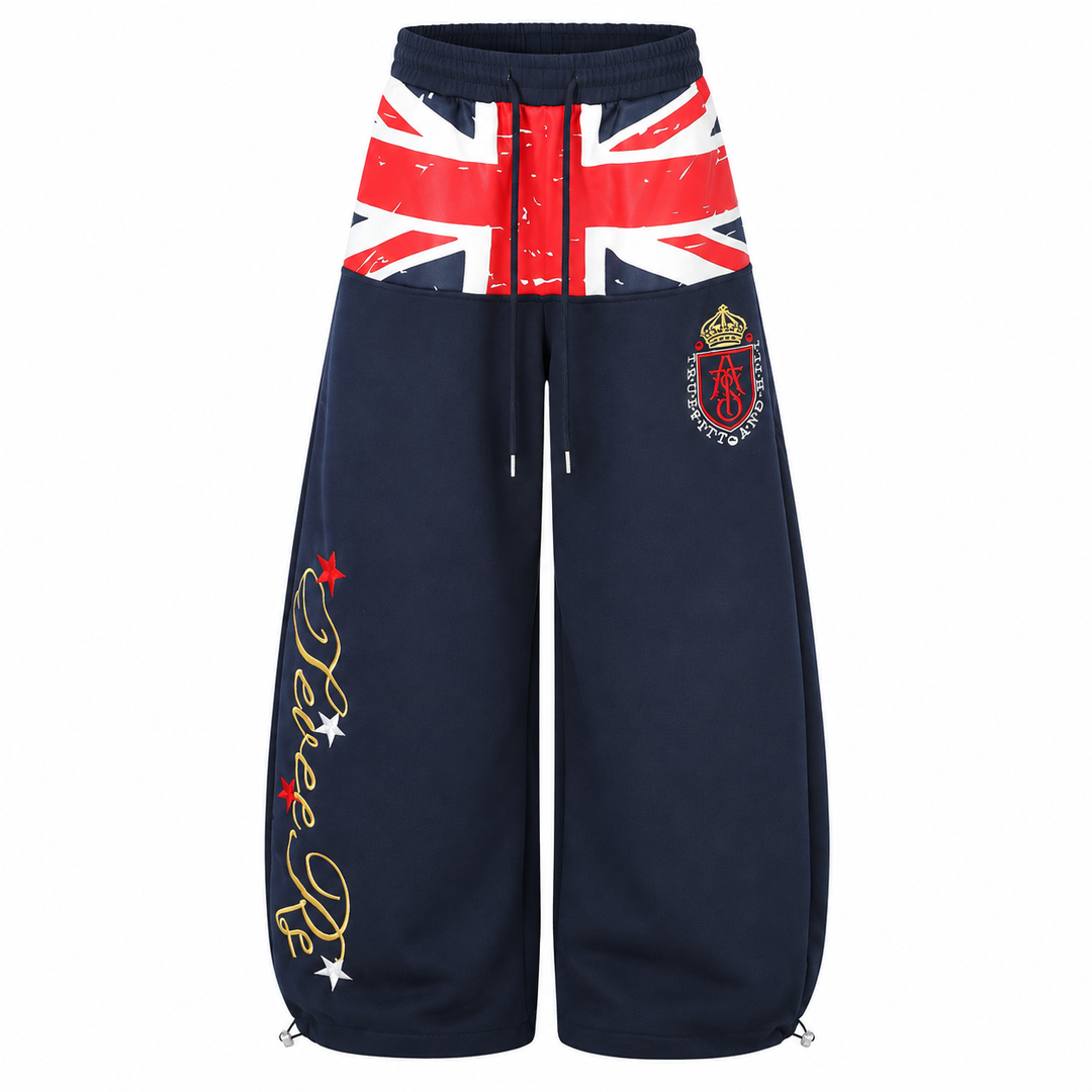 High waist wide leg sweatpants in navy with flag print, front product view