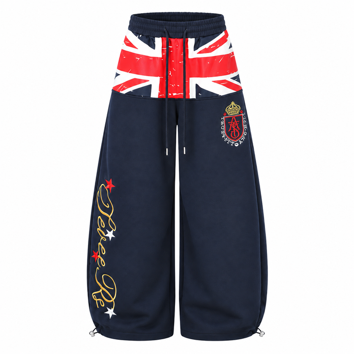 Navy wide leg sweatpants front view with flag print and drawstring waist