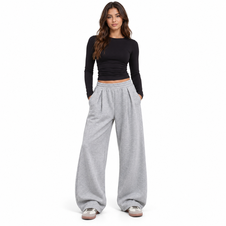 Gray pants front view showing the relaxed leg shape