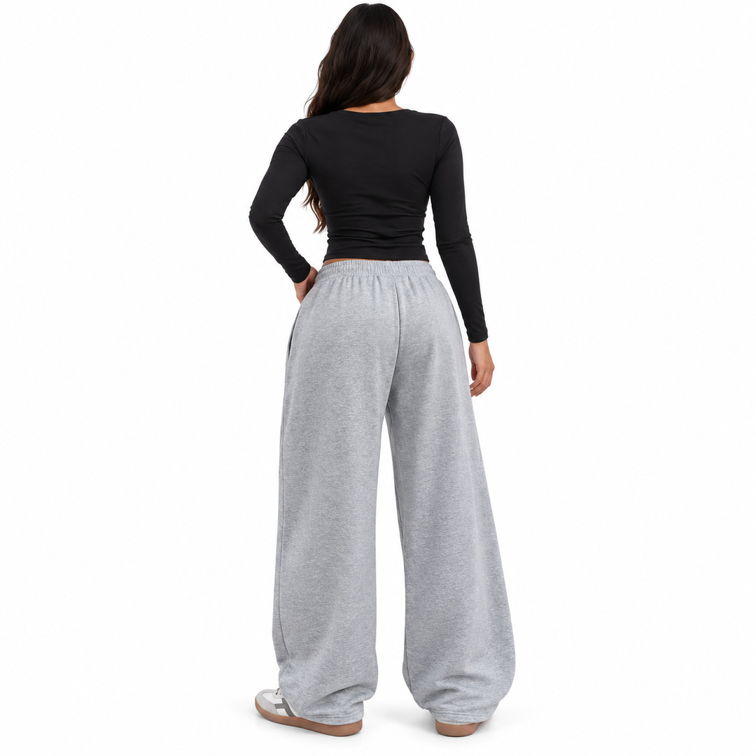 Rear view of gray pants with an elastic waist