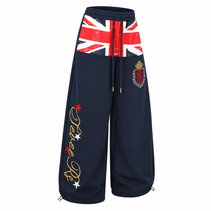 Navy wide leg sweatpants three-quarter view with flag print details