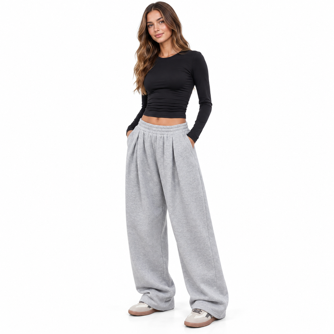 Gray pants shown in a three-quarter standing pose