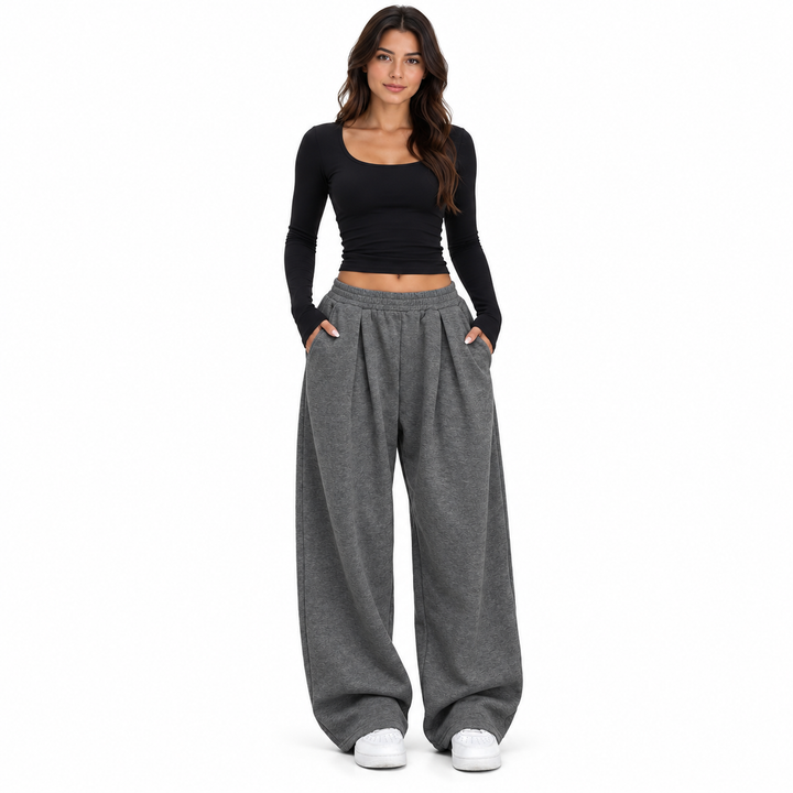 Dark gray pants with a wide leg silhouette