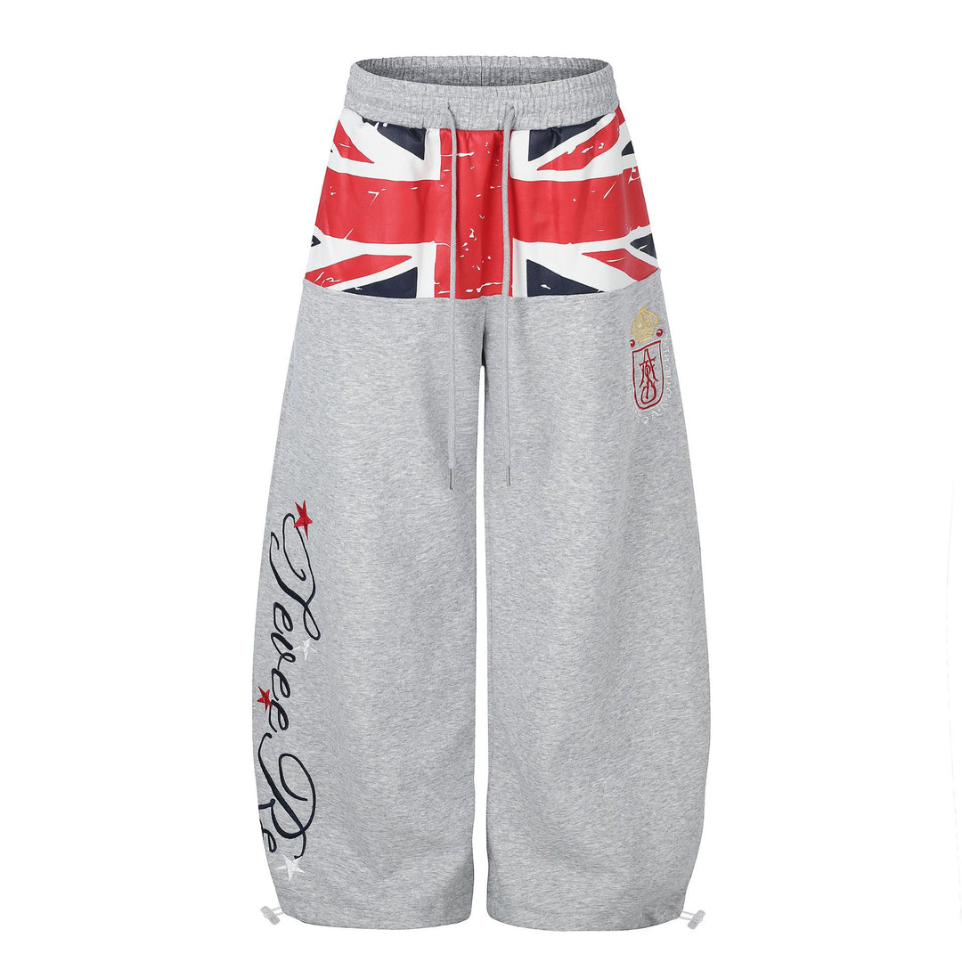 Heather gray wide leg sweatpants with flag print and embroidery, front view