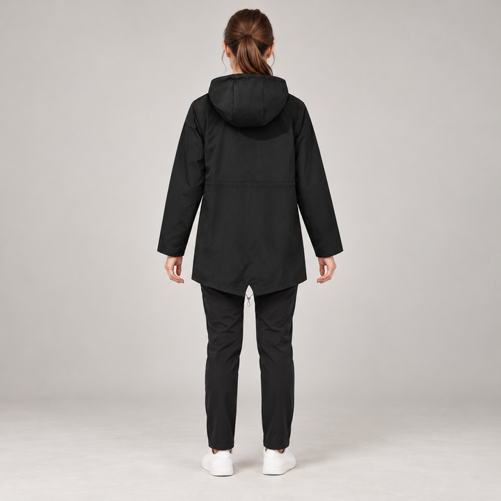 Full-body rear view of the black hooded windbreaker showing the waist seam and fishtail hem.