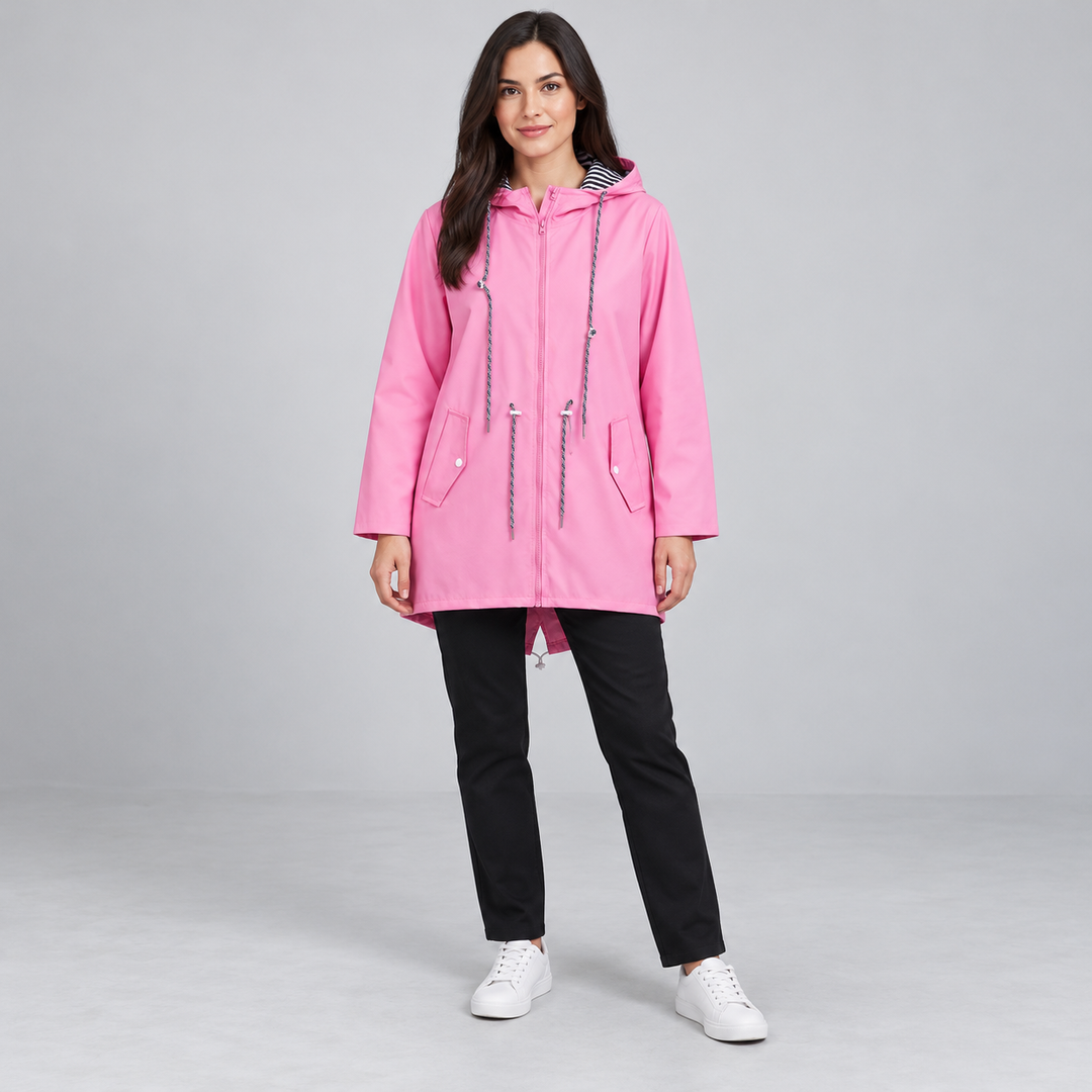 Full-body model wearing a pink hooded zip-front windbreaker.