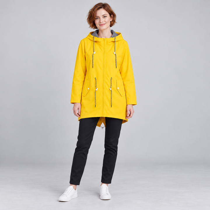 Full-body model wearing a yellow hooded zip-front windbreaker.