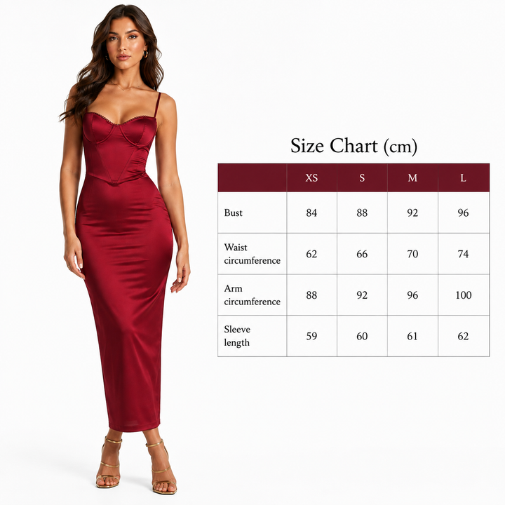 Wine red satin evening dress on woman with size chart in centimeters for XS, S, M and L