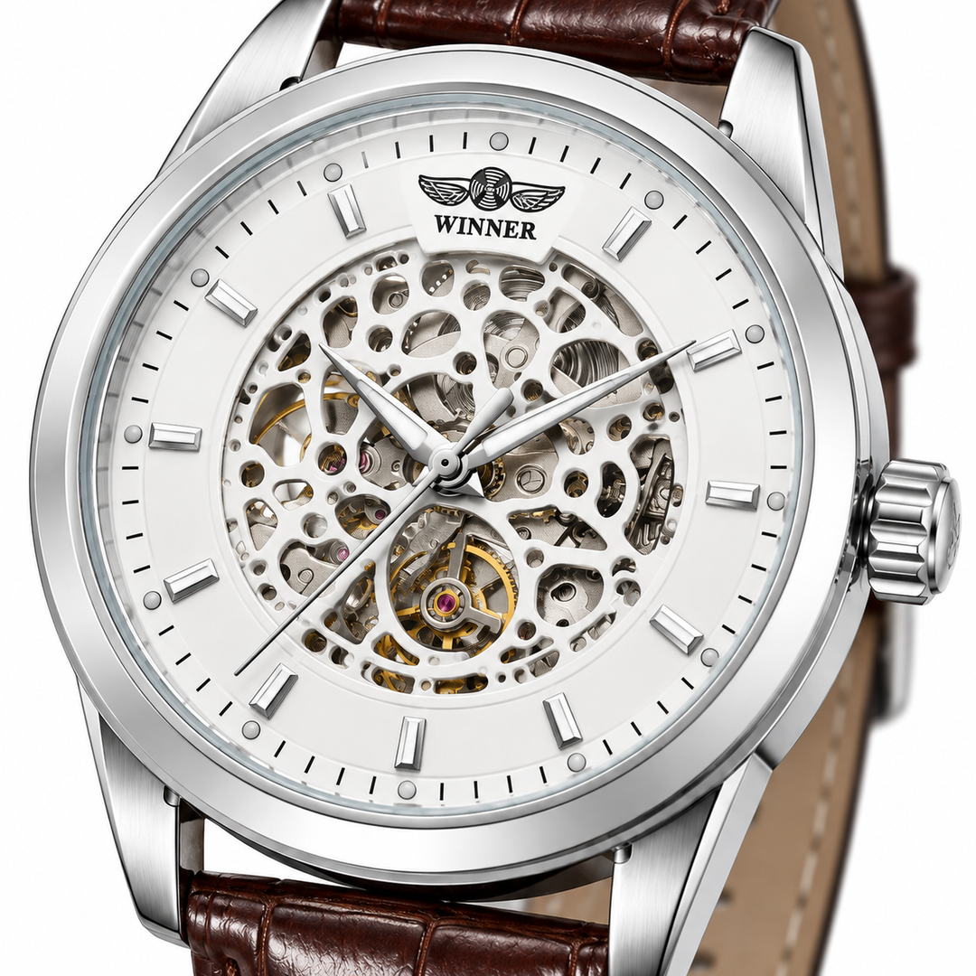 Black skeleton dial watch shown in an angled close view