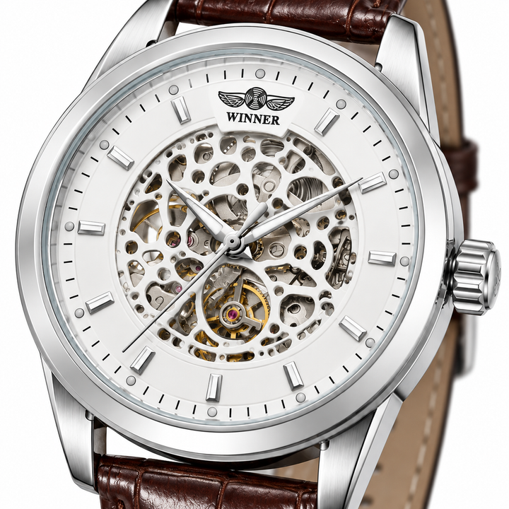 Black skeleton dial watch shown in an angled close view