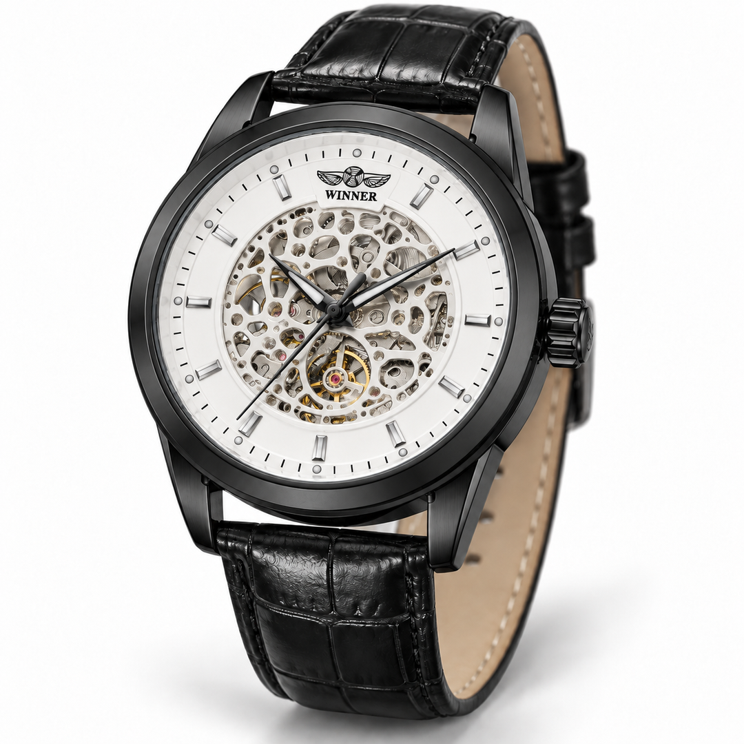Black case watch with white skeleton dial and black leather strap