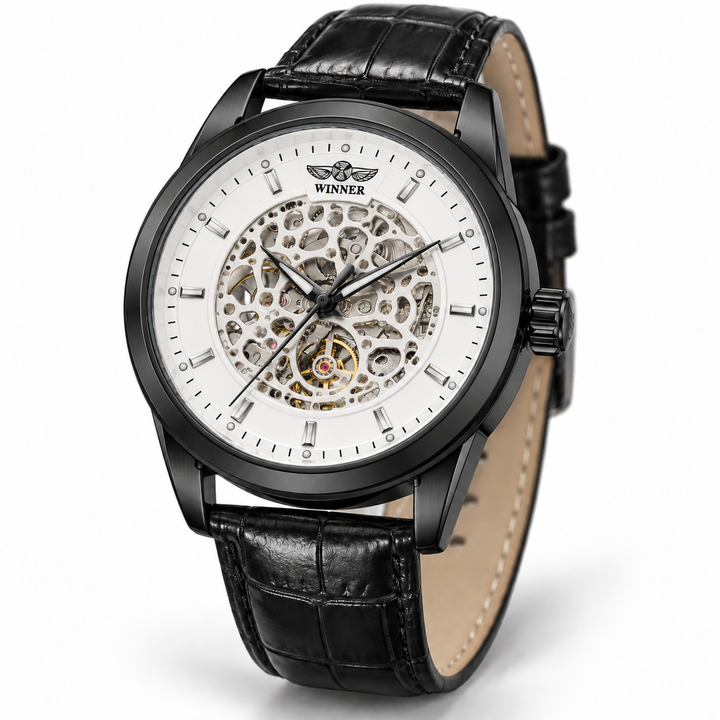 Black case watch with white skeleton dial and black leather strap