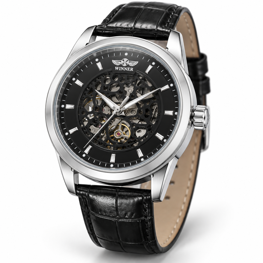 Silver-tone watch with black skeleton dial and black leather strap
