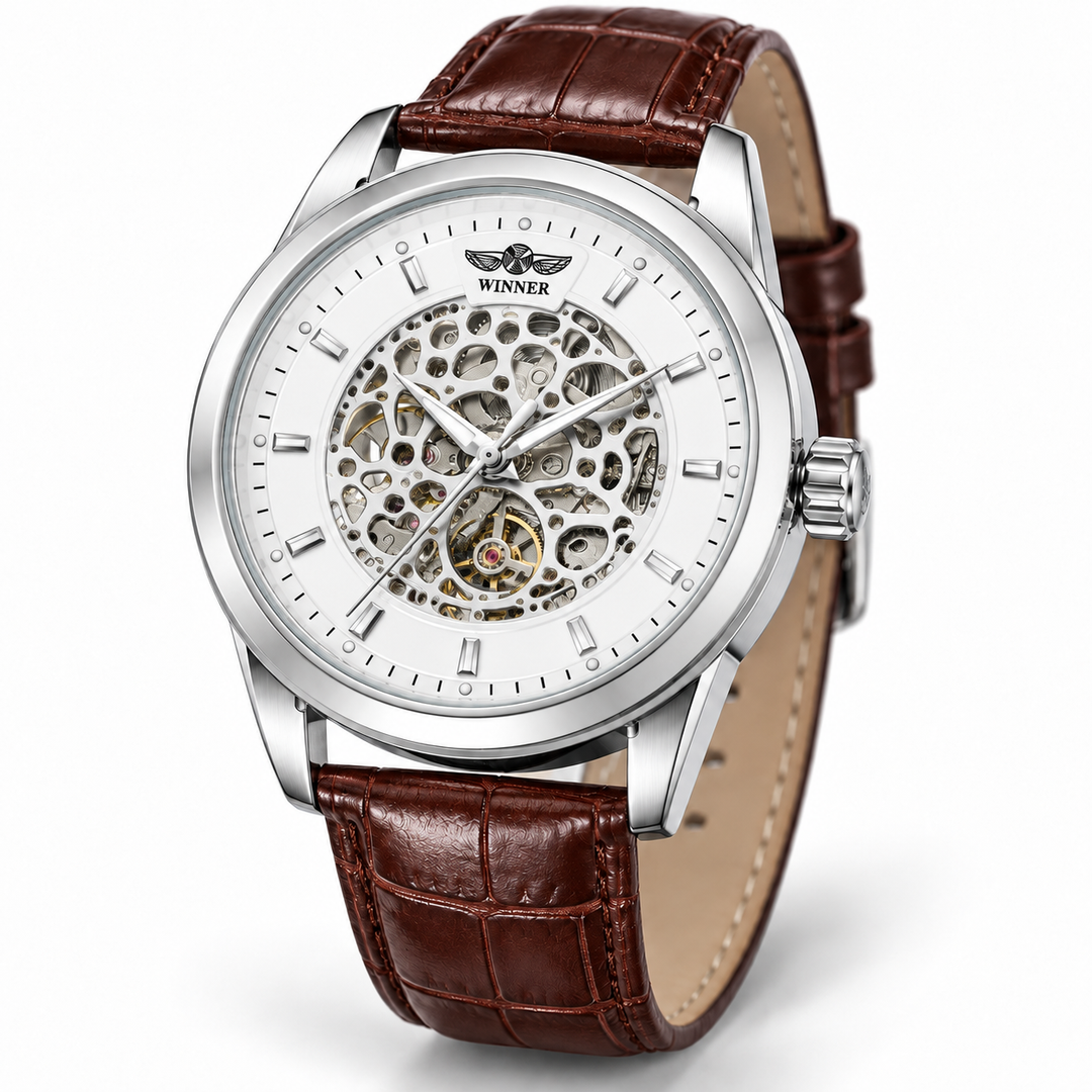 Automatic skeleton watch with silver-tone case, white dial and brown leather strap