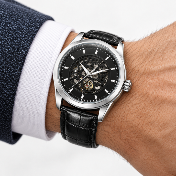White skeleton dial watch with silver-tone case and brown leather strap