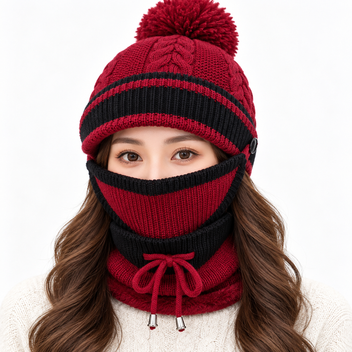 Wine red winter hat set for women with black trim, knitted pom-pom beanie, matching face cover and neck warmer on model