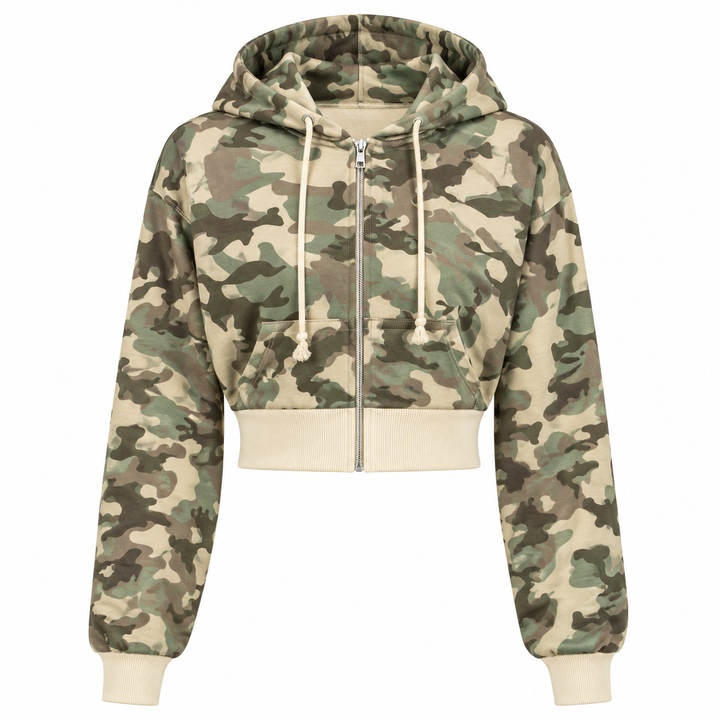 Cropped camouflage zip hoodie with hood, cream ribbed hem and cuffs shown front view on a clean white studio background.