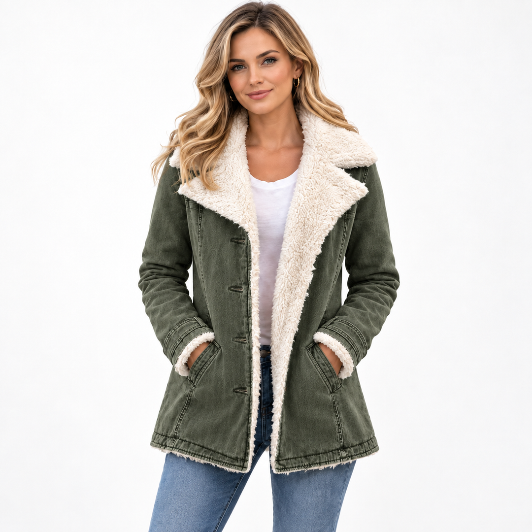women fleece cotton padded jacket army green front studio model
