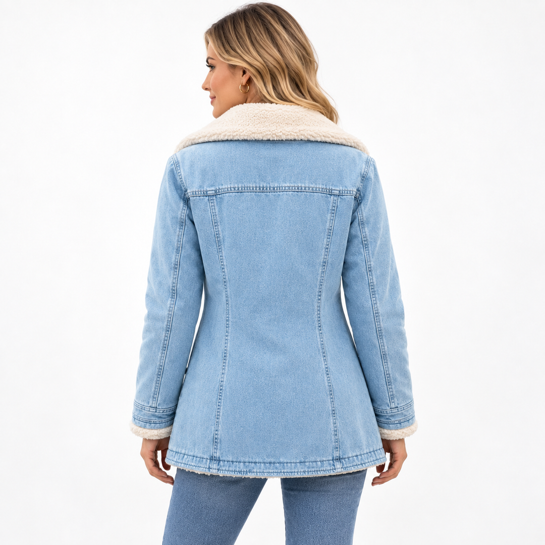 women fleece cotton padded jacket blue back view studio model