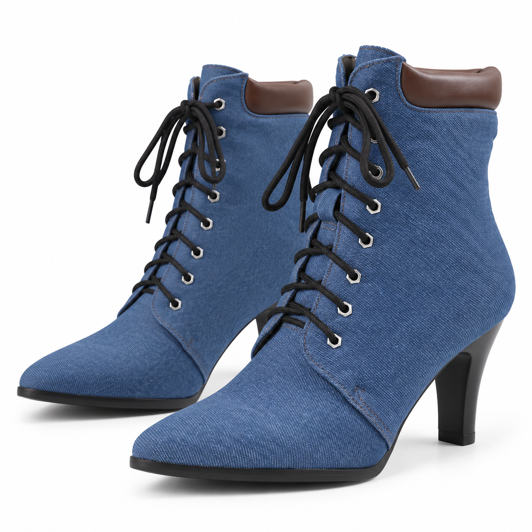Blue pointed toe lace-up ankle boots with brown padded collar and black heels