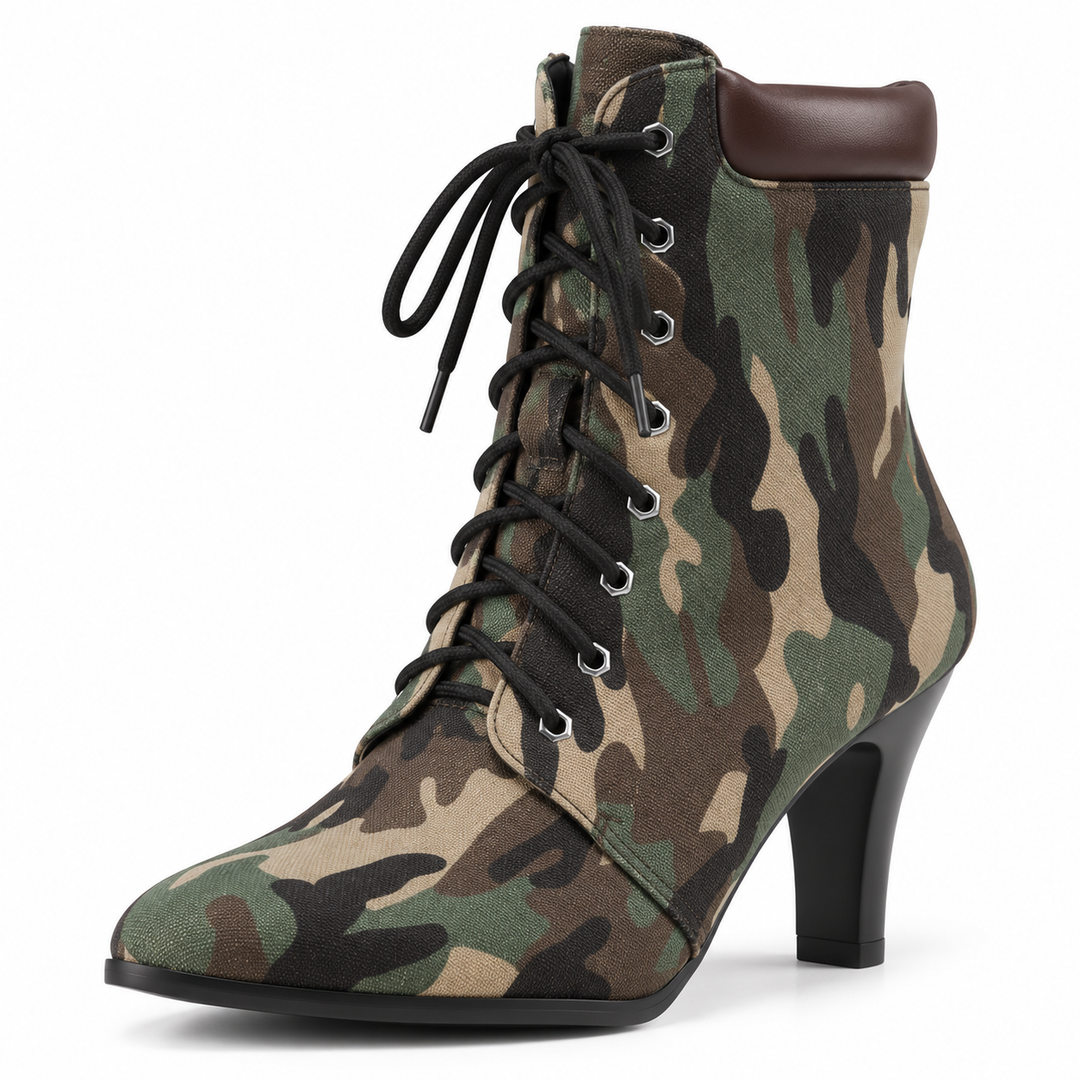 Green camouflage ankle boot close-up showing lace-up front, collar and black heel