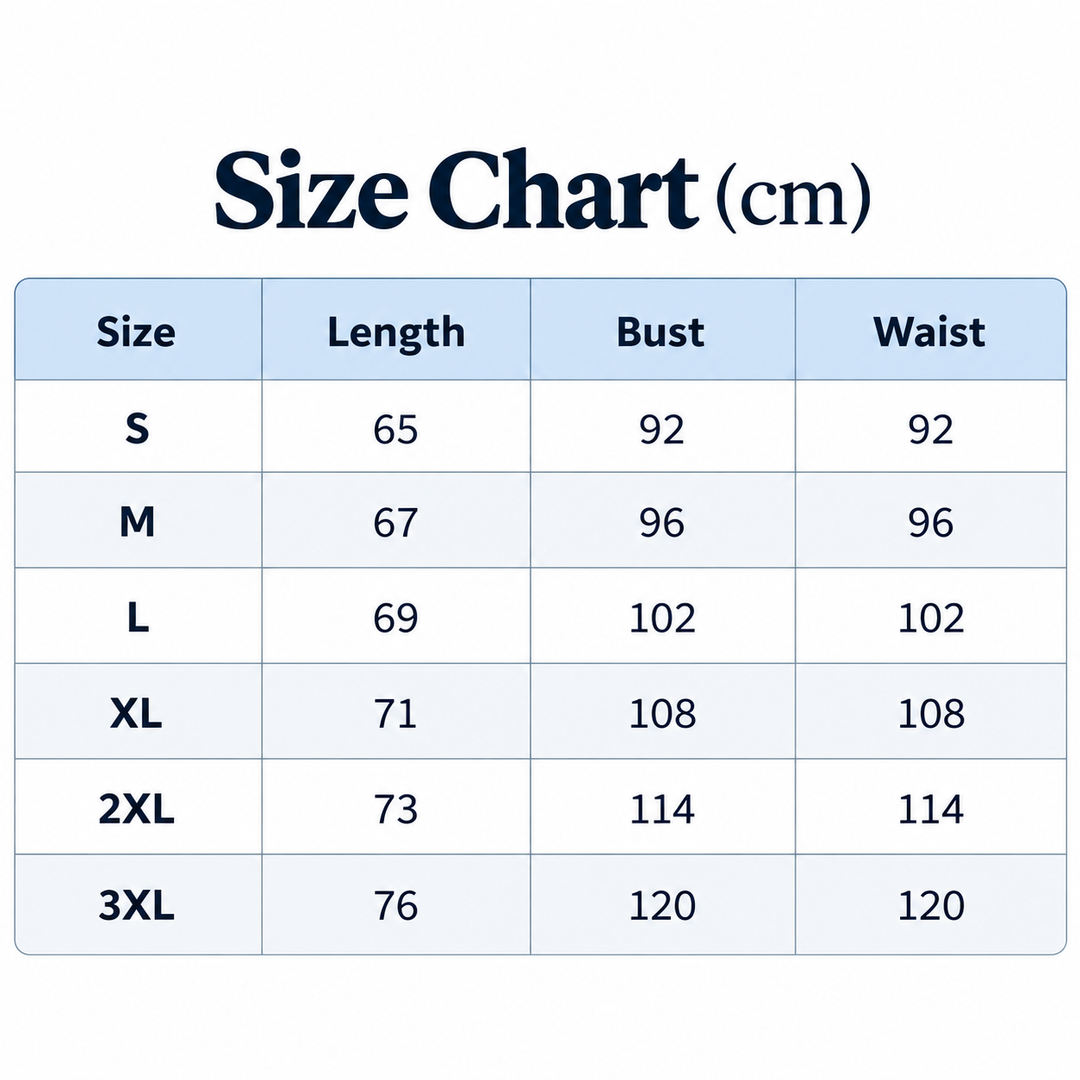 Size chart for hooded sweatshirt with S to 3XL garment measurements in centimeters
