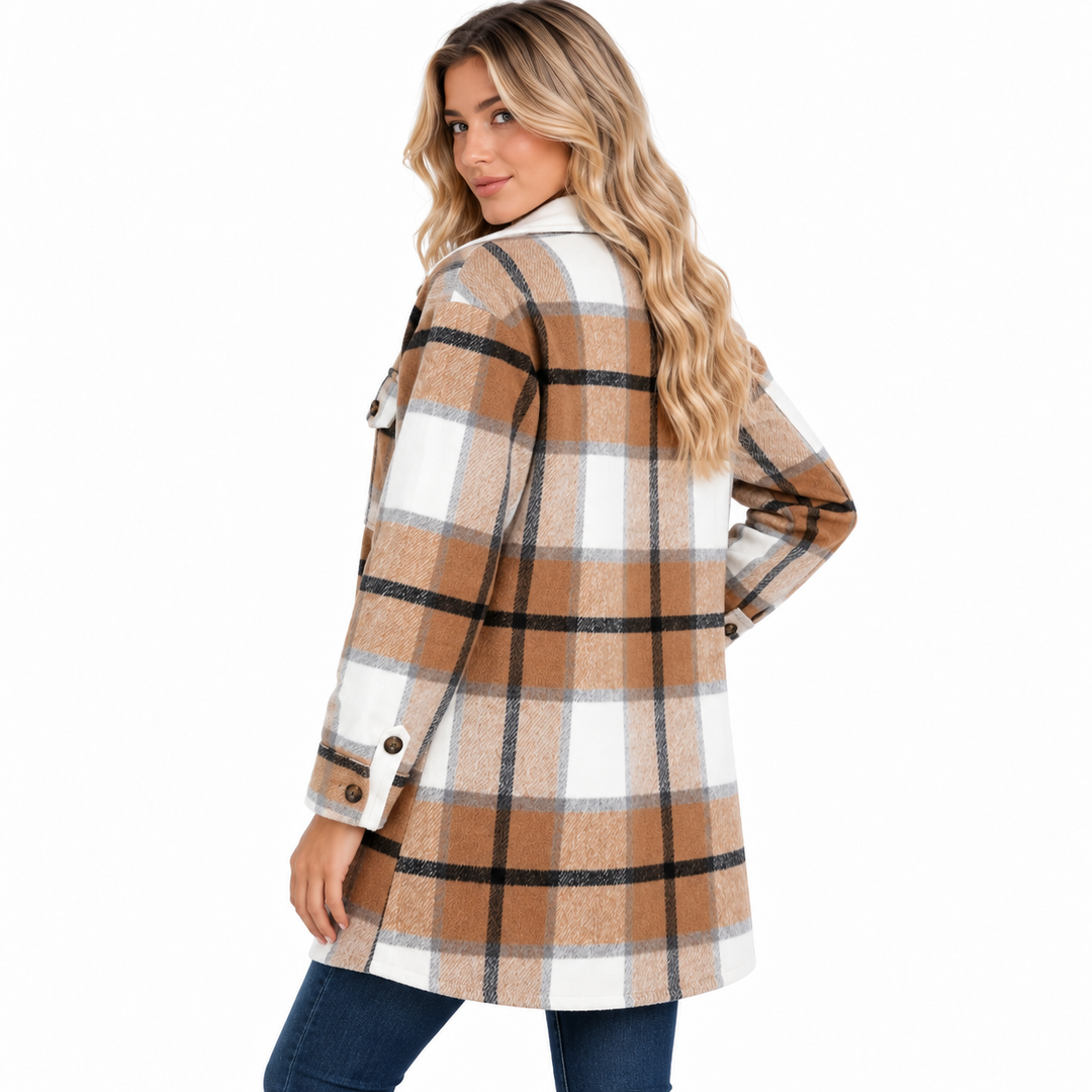 Back and side view of the plaid women shacket showing the longline silhouette, sleeve cuffs and pattern on a white background.