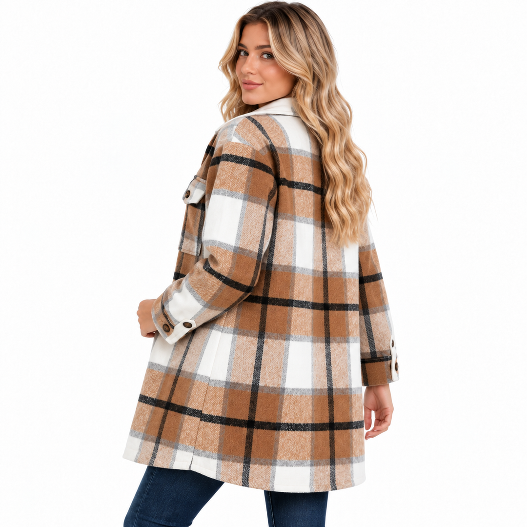 Women shacket over shoulder back view showing the plaid pattern across the rear, sleeve cuffs and longline silhouette on white.