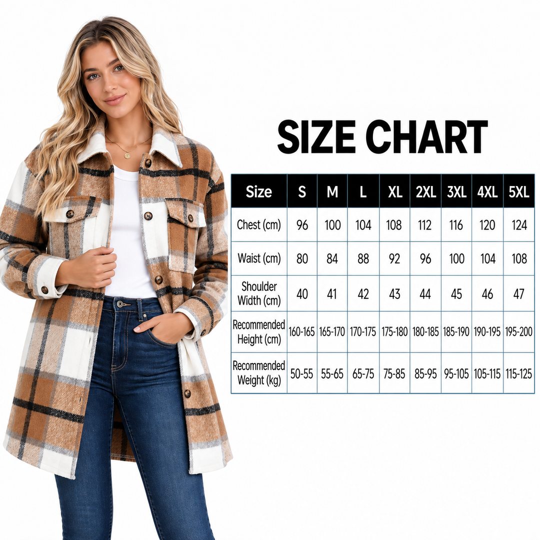 Women shacket size chart with chest, waist, shoulder width, recommended height and weight measurements from S through 5XL.