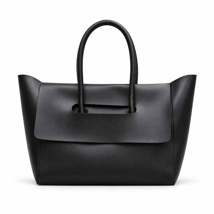 Women shoulder bag in Black shown from the front, with double handles, flared sides and the wide folded flap clearly visible.