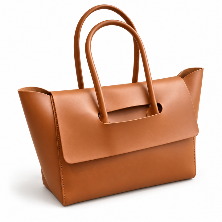 Light Brown tote in a front angled studio view showing the side wing, two rounded handles and broad flap on white background.