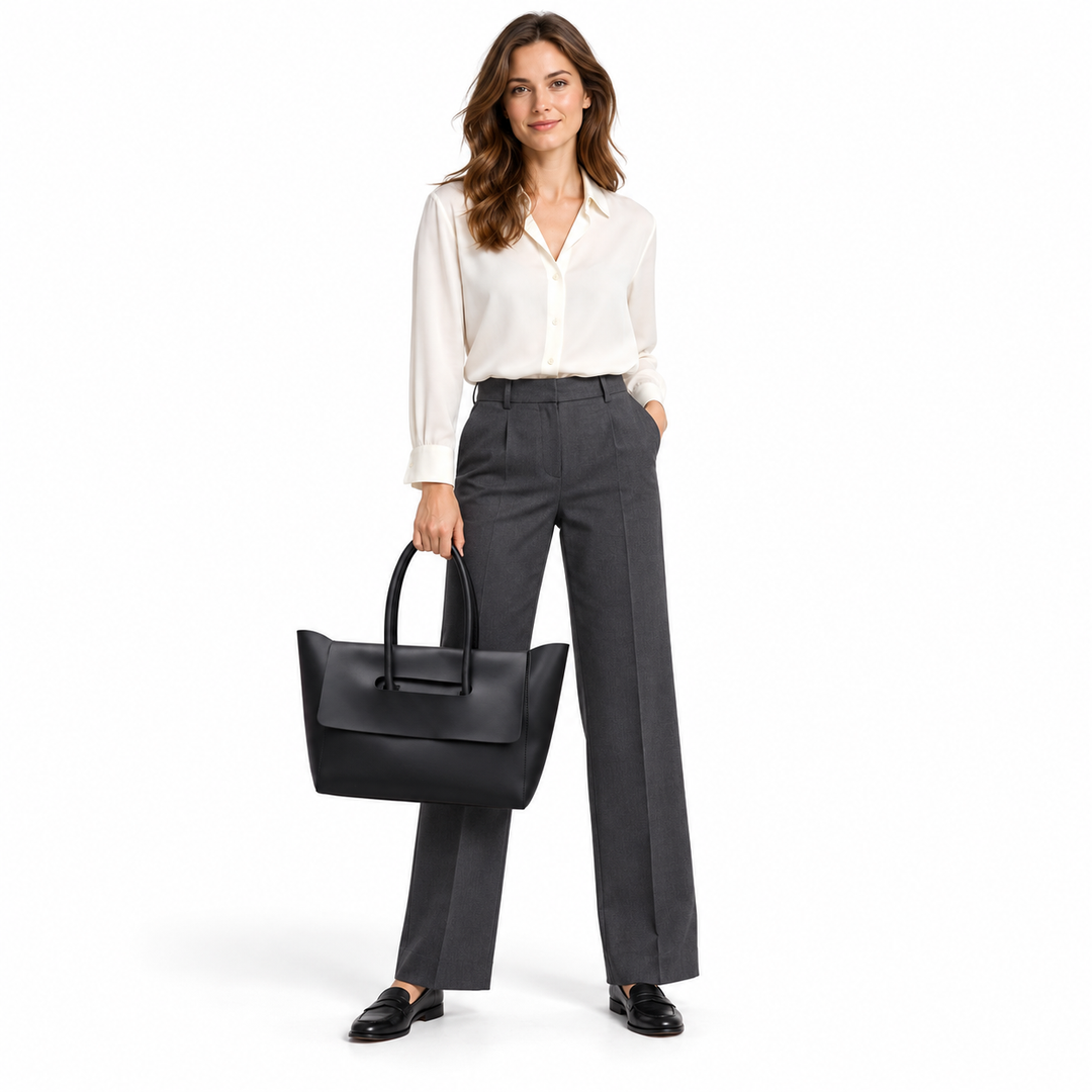Adult woman wearing a plain ivory blouse and charcoal trousers holds the Black tote in a full-length white studio photograph.