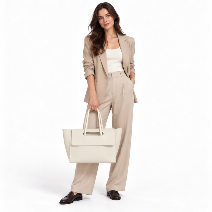 Adult woman in a beige outfit holds the White tote showing a broad front flap and double handles in a full-body studio photo.
