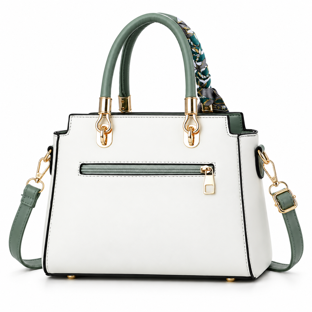 Sage Green / White shoulder bag back view with rear zipper pocket and shoulder strap
