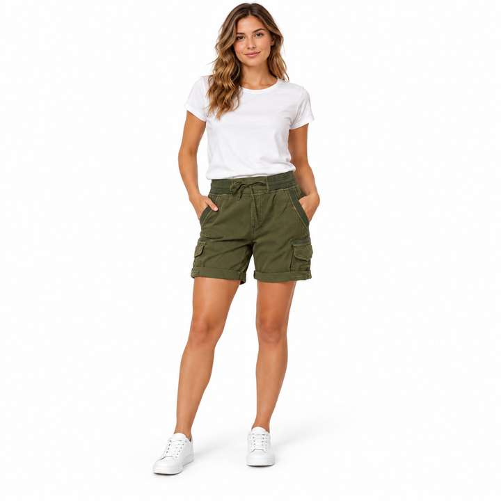 Front view of army green cargo shorts on a model against a white background.