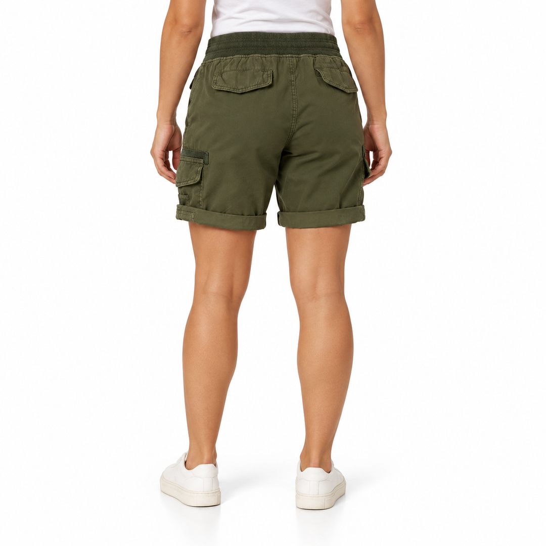 Back view of army green cargo shorts showing rear flap pockets and turned-up hems.
