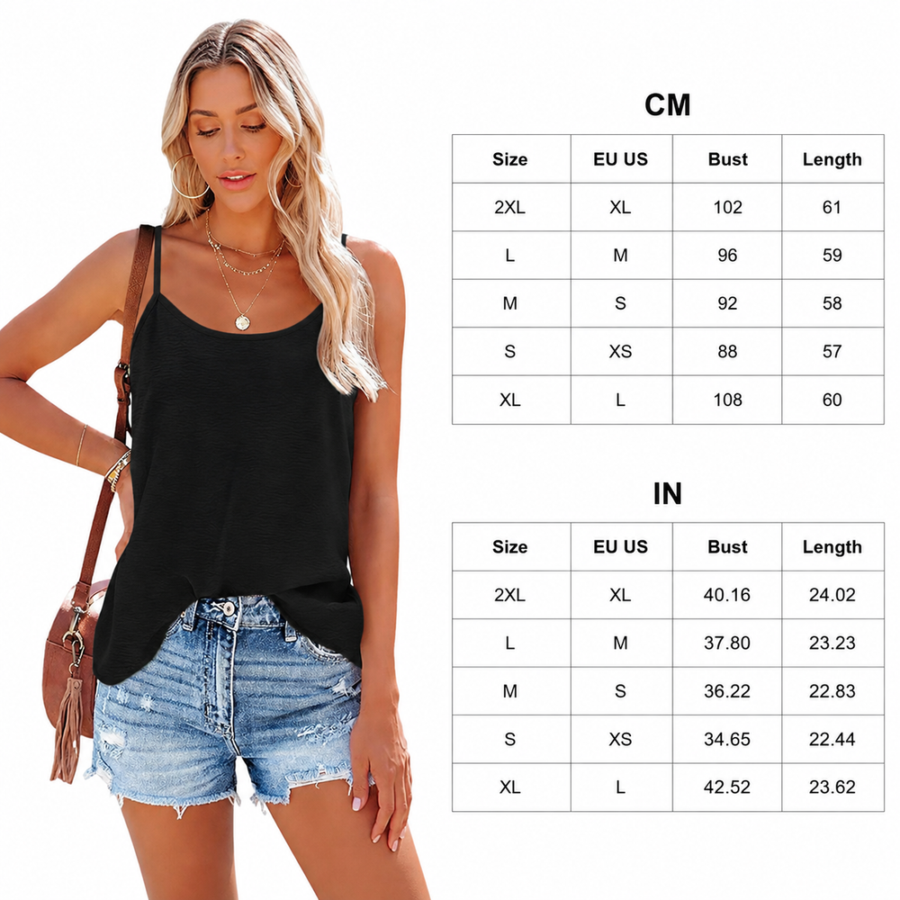 Women's backless tank top with professional size chart in centimeters and inches