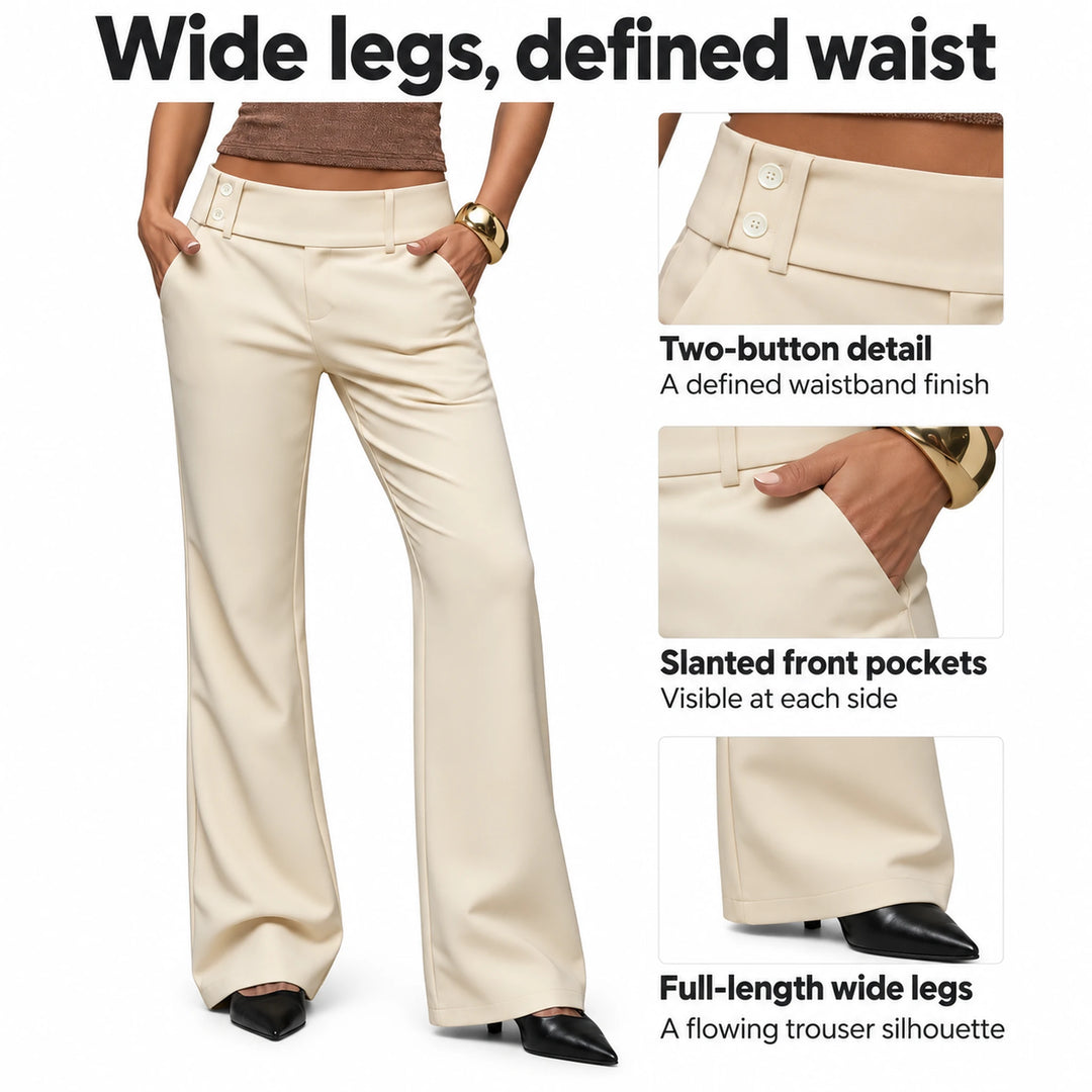 Beige wide-leg dress pants infographic showing the two-button waist, slanted pockets and full-length hem.