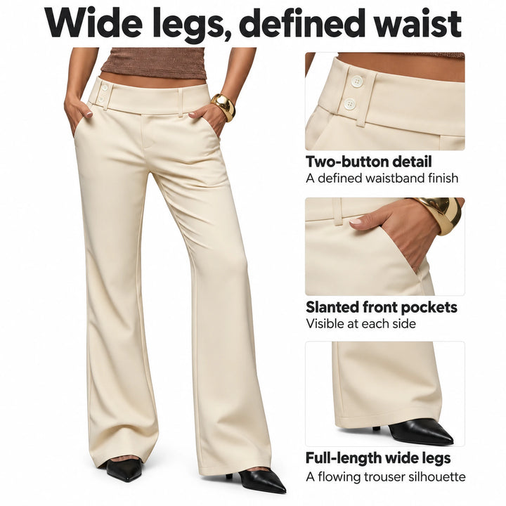 Beige wide-leg dress pants infographic showing the two-button waist, slanted pockets and full-length hem.