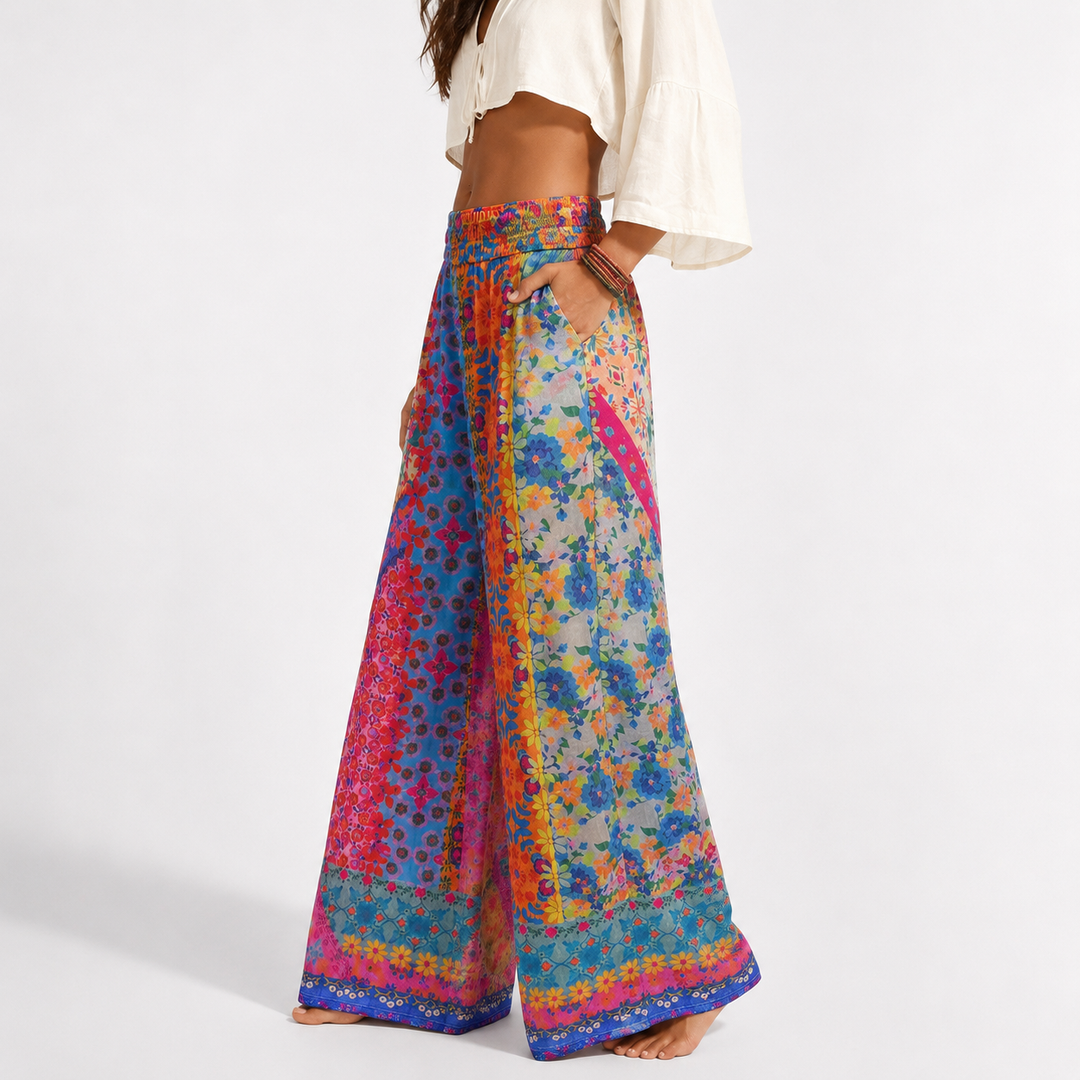 Retro wide-leg pants for women with polyester fiber and artistic retro styling for easy outfit coordination and travel looks.