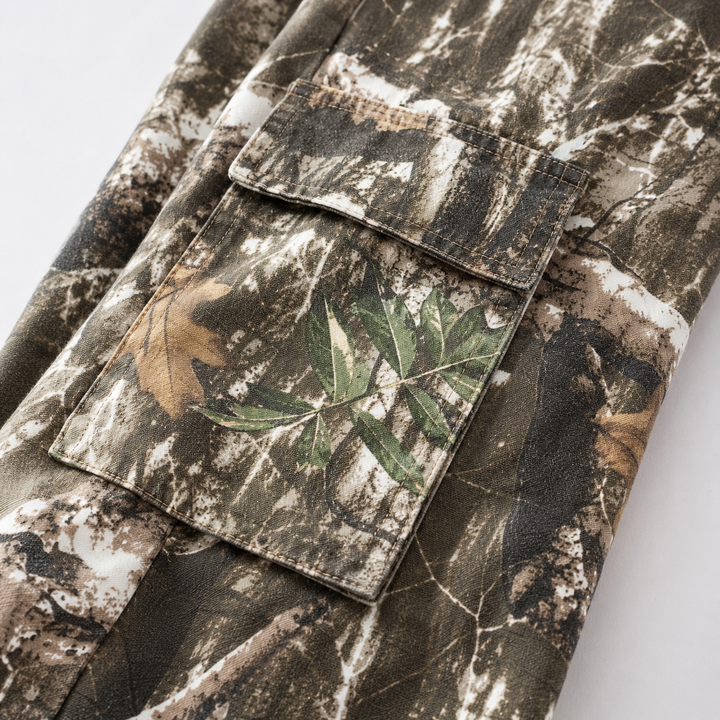 Camouflage cargo pants fabric and stitching detail with its denim surface, seam constructions and non-stretch structure view.