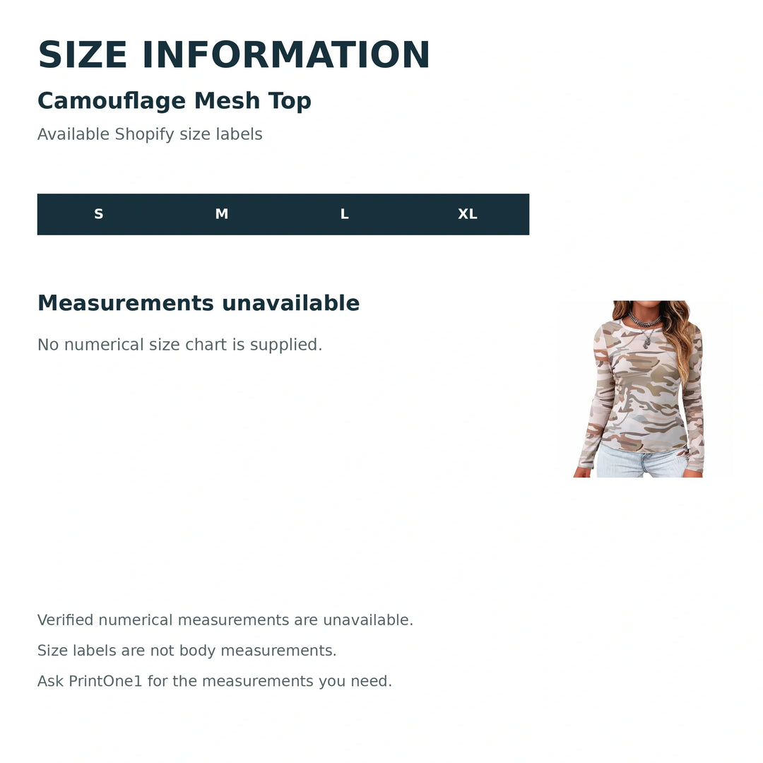 Camouflage Mesh Top size guide with product reference; measurements unavailable.