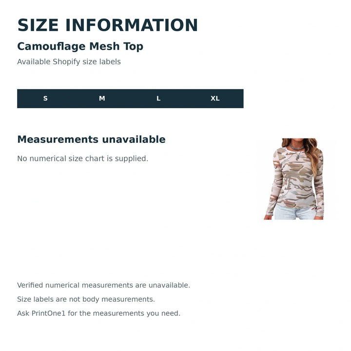 Camouflage Mesh Top size guide with product reference; measurements unavailable.