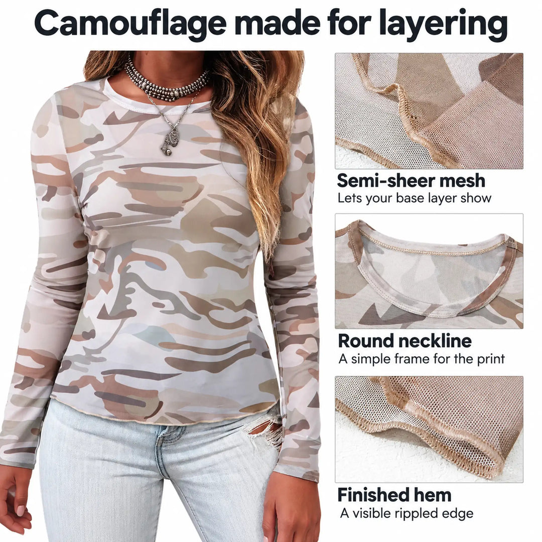 Camouflage mesh top infographic showing semi-sheer fabric, round neckline and rippled hem.
