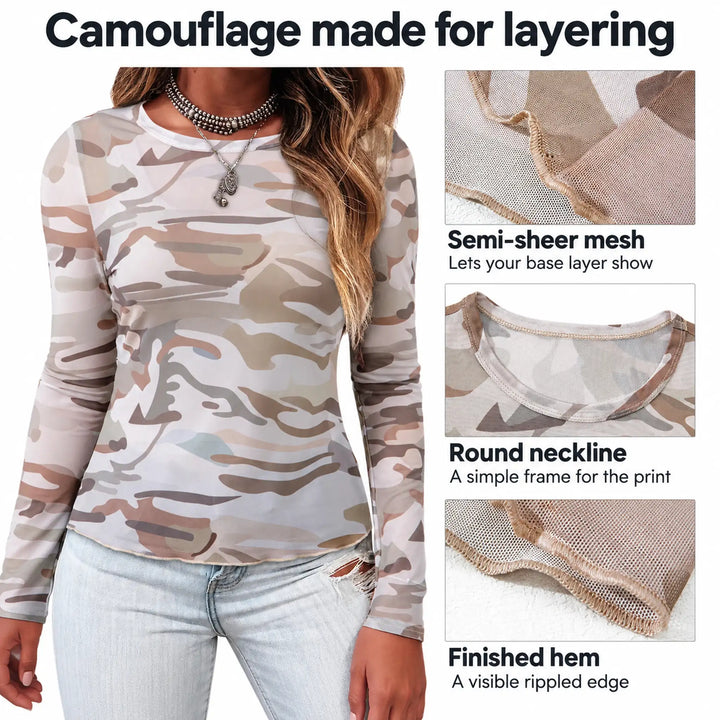 Camouflage mesh top infographic showing semi-sheer fabric, round neckline and rippled hem.