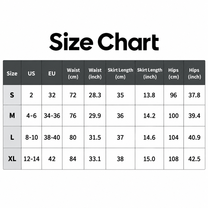 Cargo mini skirt measurements chart for S M L XL in inches and centimeters
