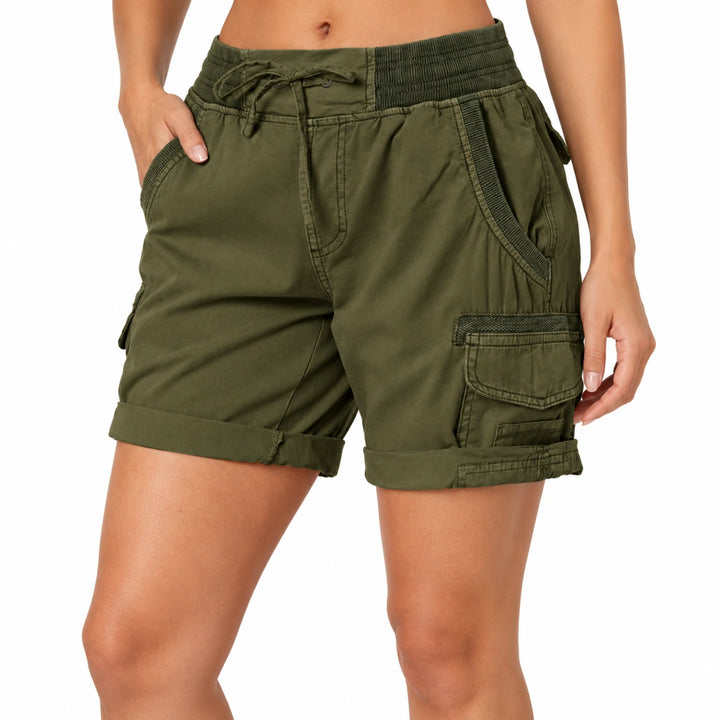 Army Green Cargo Shorts in the Army Green option on a model against a white background