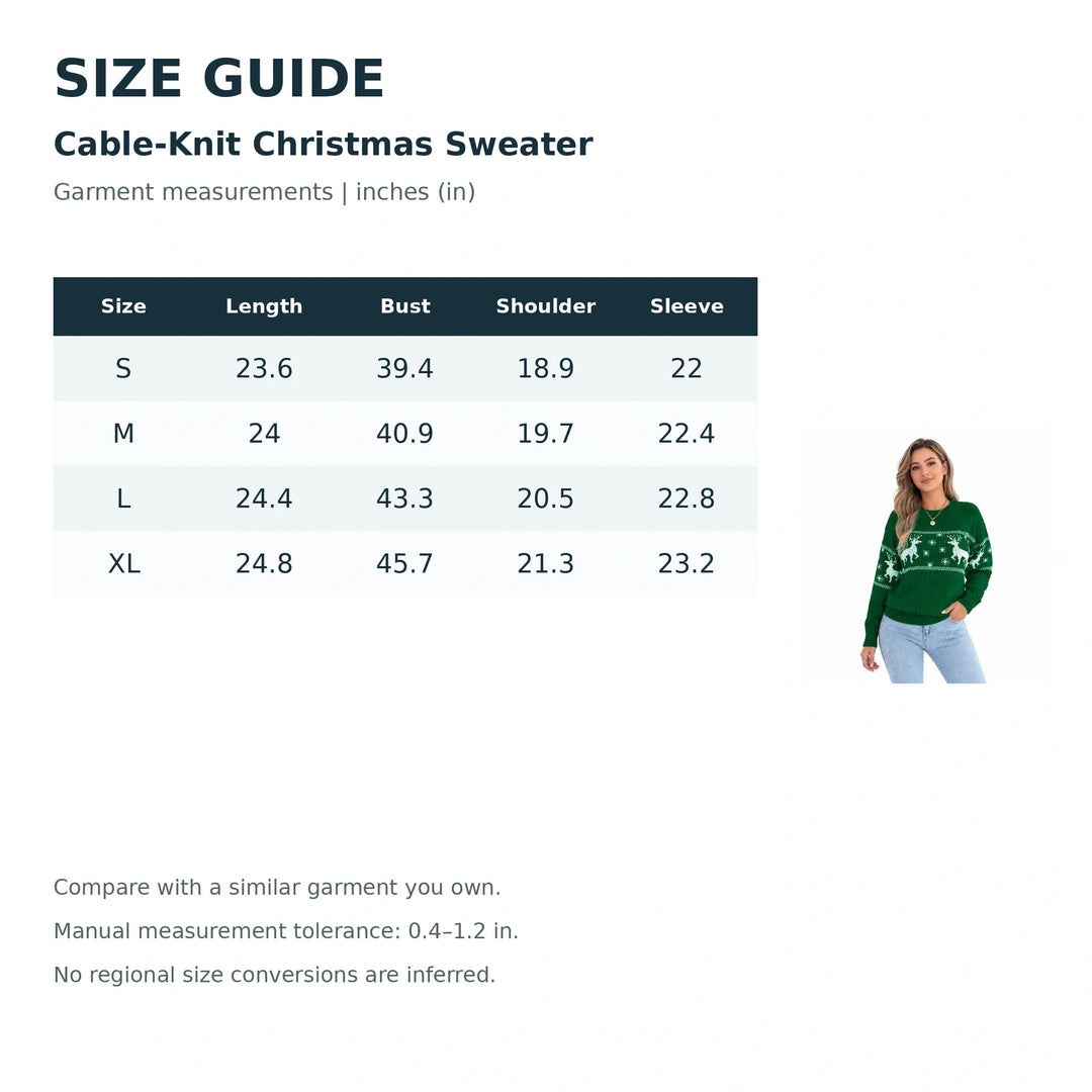 Cable-Knit Christmas Sweater size guide with product reference; garment measurements | inches (in).
